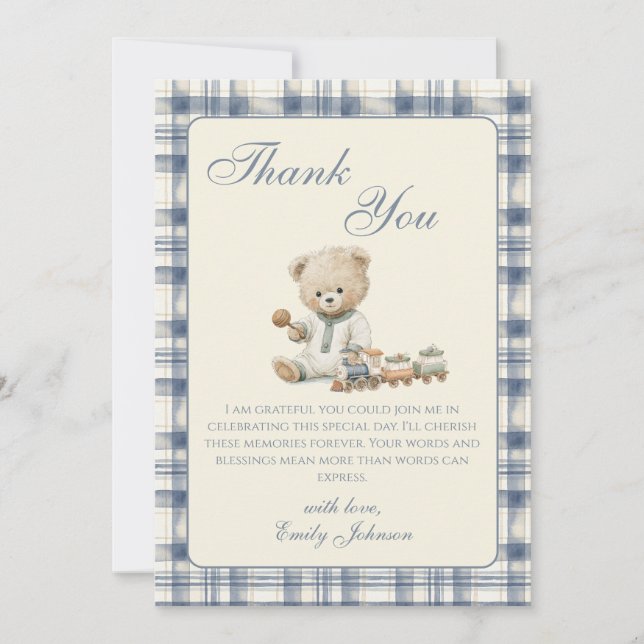 Gingham-Teddybär-Junge-Baby-Party-Dankeskarten (Vorderseite)