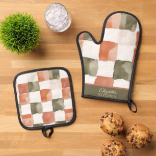 Gingham Terrakotta und Grün Ofenhandschuh & Topflappen-Set