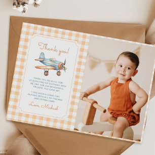 Gingham Time Fliegen Flugzeug Erstes Geburtstag Fo Dankeskarte