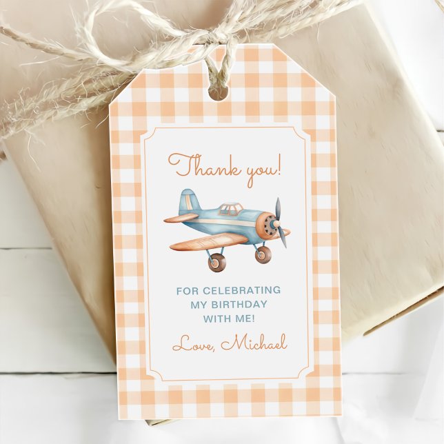 Gingham Time fliegt Flugzeug zum ersten Geburtstag Geschenkanhänger (Von Creator hochgeladen)