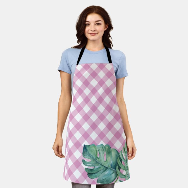 Gingham Tropical Pink Kitchen Schürze für ihre (Getragen)