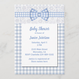Gingham-u. Spitze-Land-blaue Babyparty-Einladung Einladung