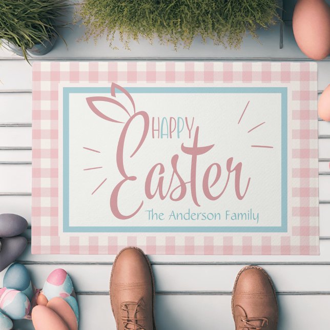 Gingham und Bunny Oars Frohe Ostern Personalisiert Fußmatte (Gingham And Bunny Ears Happy Easter Personalized Doormat)