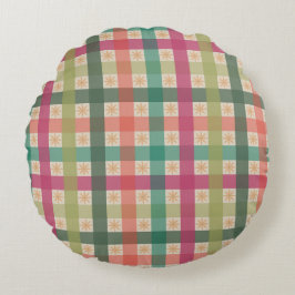 Gingham- und geometrisches Blumenmuster rundes Kis Kissen
