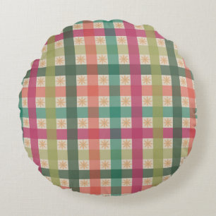Gingham- und geometrisches Blumenmuster rundes Kis Kissen
