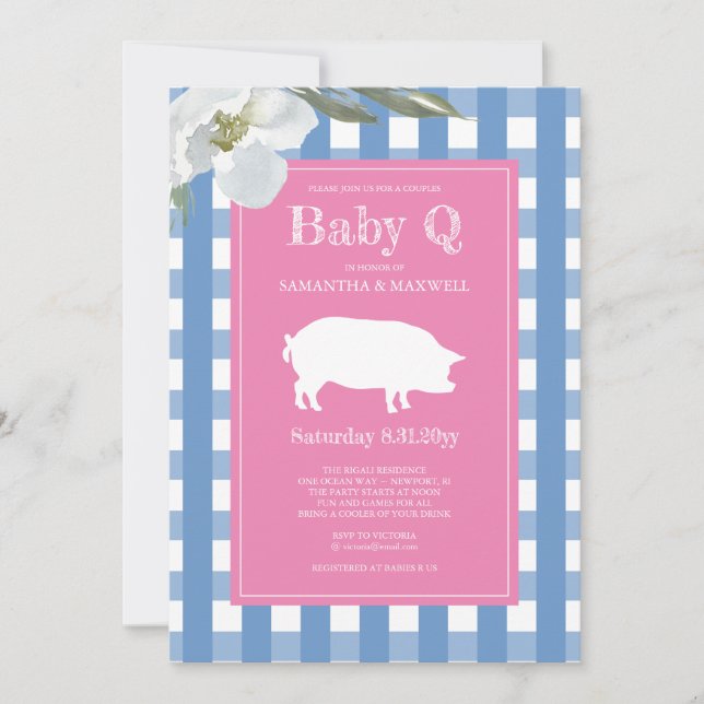 Gingham und Pig Baby Q Baby Dusche Einladung (Vorderseite)