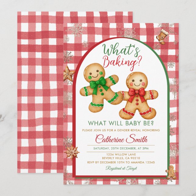 Gingham Was backt Gingerbread Geschlechterenthüllu Einladung (Vorne/Hinten)