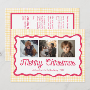 Gingham Wavy Pink Yellow Christmas Custom 3 Foto Feiertagskarte