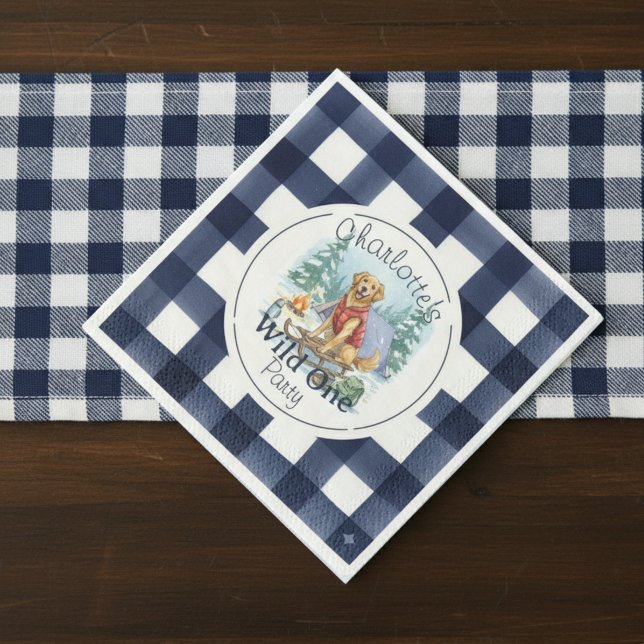 Gingham Wild One Golden Retriever 1. Geburtstag Serviette (Celebrate your wild one’s special day with this Gingham Wild One Golden Retriever 1st Birthday!)