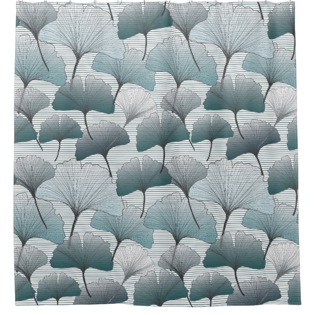 Gingko Biloba, nahtlos blaues Muster. Duschvorhang (Vorderseite)