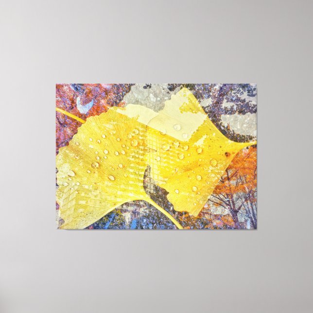 Gingko-Blätter und Stadtbild Leinwanddruck (Vorderseite)