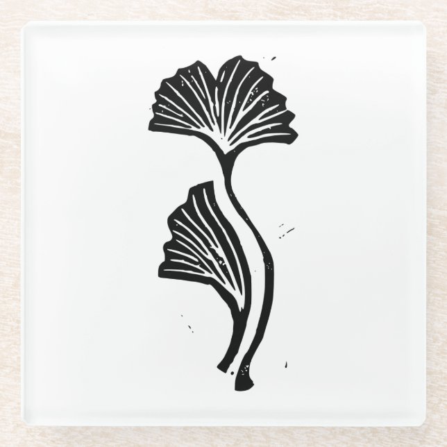 Gingko Leaf Lino Print Glasuntersetzer (Vorderseite)