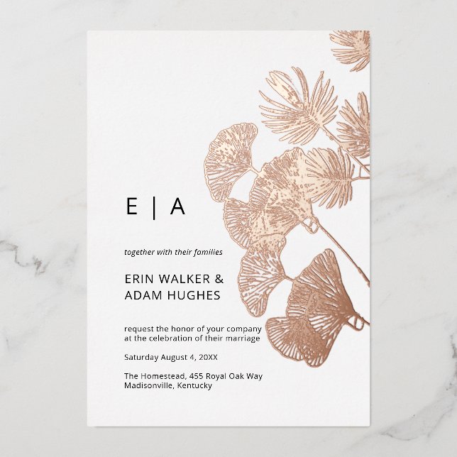 Gingko Leaf Real Rose Gold Wedding Folieneinladung (Vorderseite)