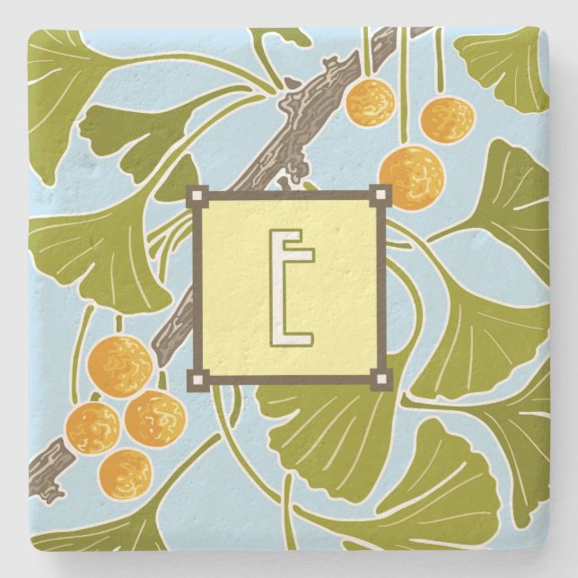 Ginkgo Dance Monogram Letter E Steinuntersetzer (Vorderseite)