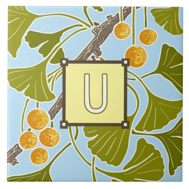 Ginkgo Dance Monogram Letter U Fliese (Vorderseite)