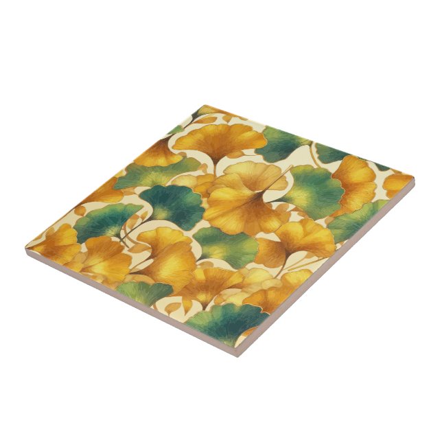 Ginkgo Glow Golden und Green Leaf Muster Fliese (Seite)