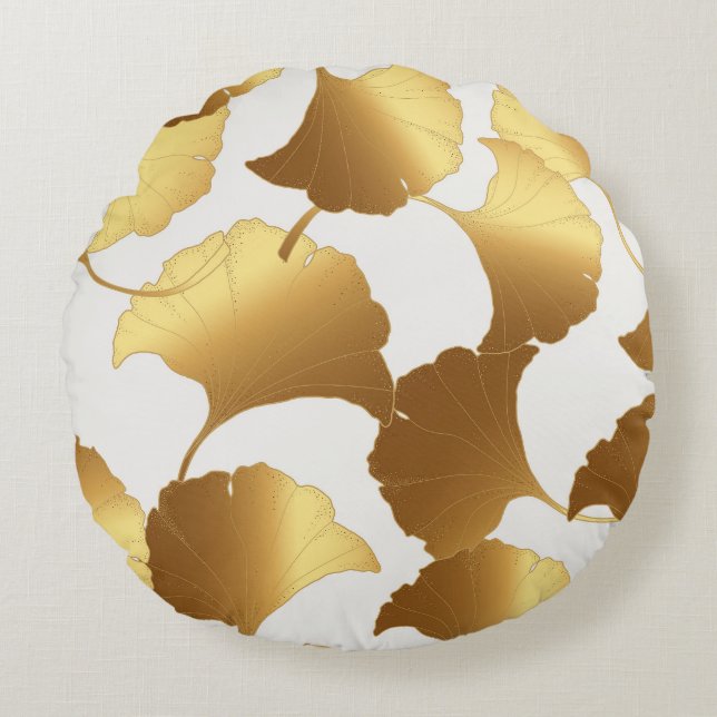 Ginkgo Gold: Luxus Vintages Design. Rundes Kissen (Vorderseite)