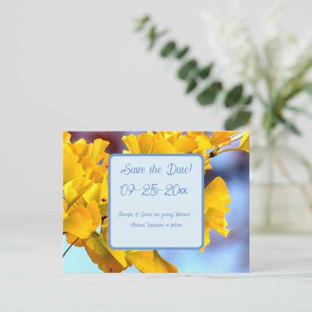 Ginko Biloba Save the Date Postkarte (Stehend Vorderseite)