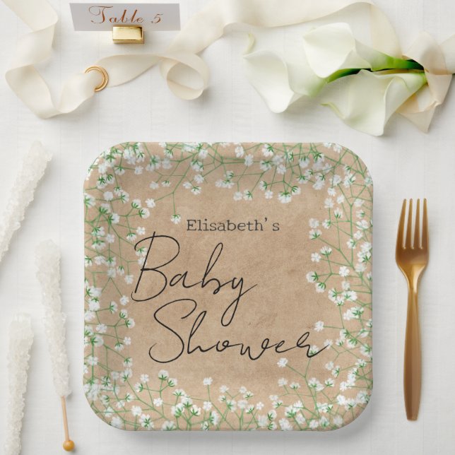 Gipskraut Blume Boho Farmhouse Babydusche Pappteller (Hochzeit)