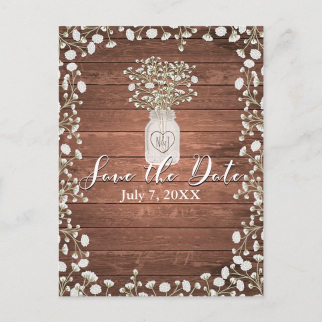 Gipskraut Blume & Holz Elegant Save the Date Ankündigungspostkarte (Vorderseite)