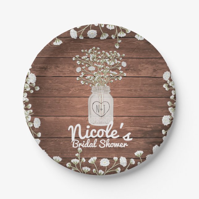 Gipskraut Blume & Holz Elegantes Rustikales Party Pappteller (Vorderseite)