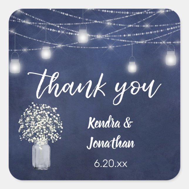 Gipskraut Chalkboard Blue & String Lights Vielen D Quadratischer Aufkleber (Vorderseite)