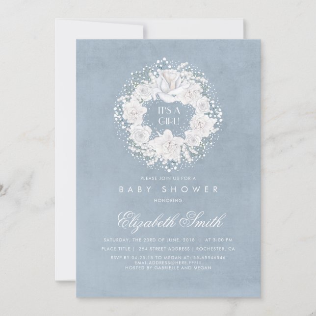 Gipskraut Dusty Blue Floral Baby Dusche Einladung (Vorderseite)