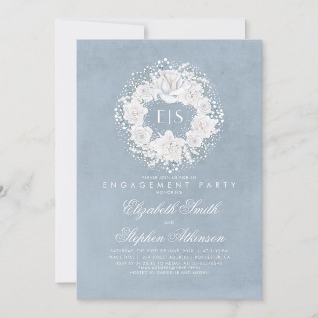 Gipskraut Dusty Blue Floral Engagement Party Einladung (Vorderseite)
