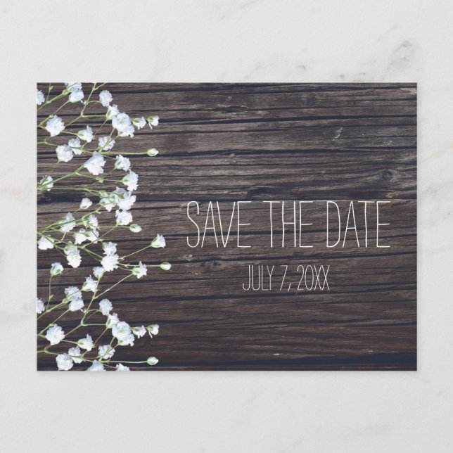 Gipskraut Floral & Dark Rustic Wood Rett Date Ankündigungspostkarte (Vorderseite)