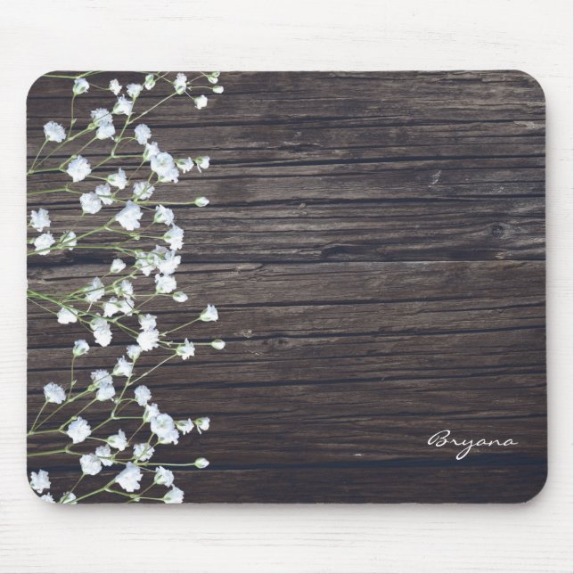 Gipskraut Floral & Dark Rustikales Holz Land Mousepad (Vorne)