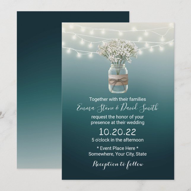 Gipskraut Floral Jar Elegant Aquamarine Hochzeit Einladung (Vorne/Hinten)