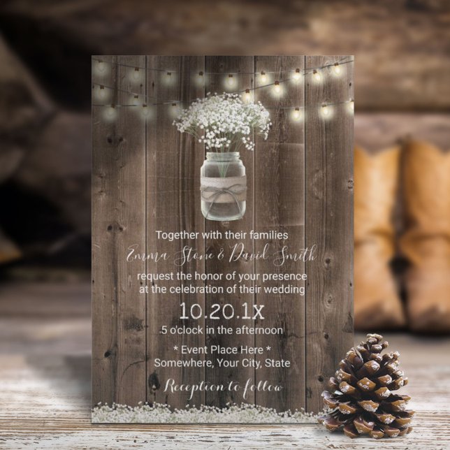 Gipskraut Floral Jar Rustic Barn Wood Wedding Einladung (Von Creator hochgeladen)