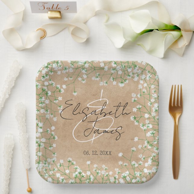Gipskraut Floral Rustic Boho Bauernhof Hochzeit Pappteller (Hochzeit)