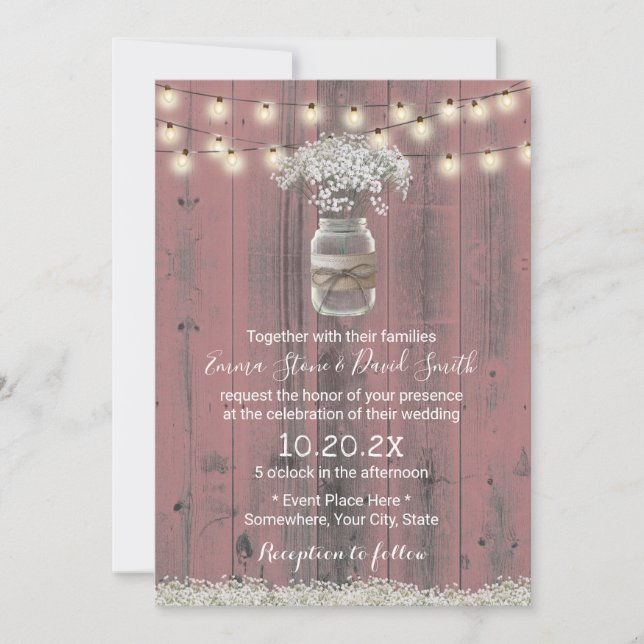 Gipskraut Floral Rustikal Rosa Barnholz Hochzeit Einladung (Vorderseite)