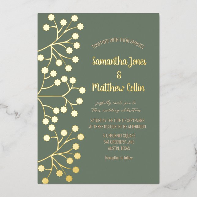 Gipskraut Floral Sage Green Gold Foil Hochzeit Folieneinladung (Vorderseite)