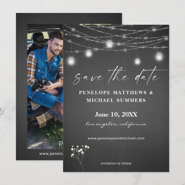 Gipskraut Grau Chalkboard Foto Save The Date (Vorne/Hinten)