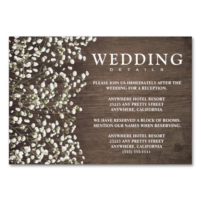 Gipskraut Hochzeitsempfang + Hotelkarten Tischnummer (Vorderseite)