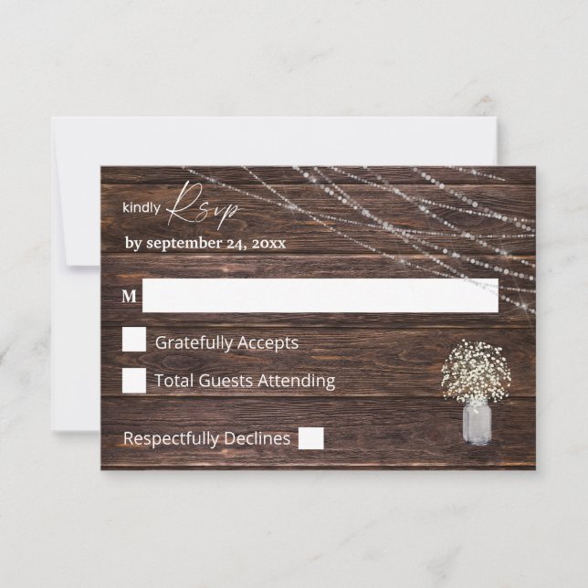 Gipskraut-, Holz- und String-Lights zu den Mahlzei RSVP Karte (Vorderseite)