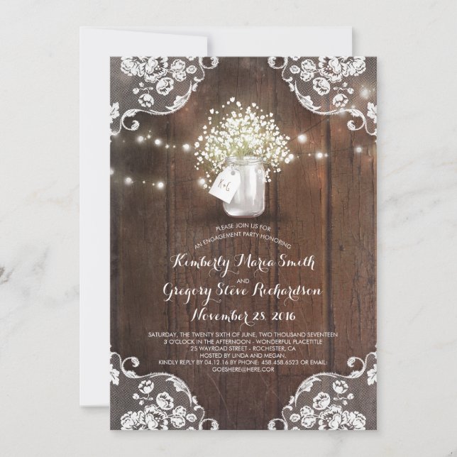 Gipskraut Mason Jar Barn Wood Engagement Party Einladung (Vorderseite)