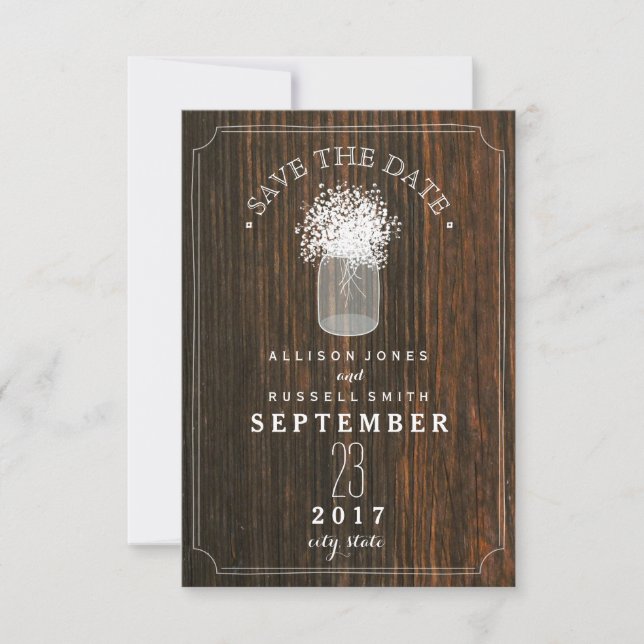 Gipskraut & Mason Jar Barn Wood Save the Date (Vorderseite)