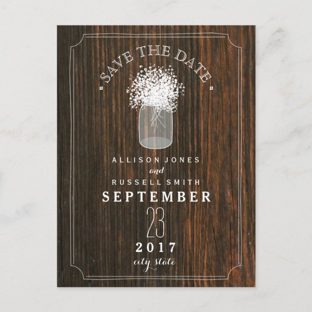 Gipskraut Mason Jar Barn Wood Save the Date Ankündigungspostkarte (Vorderseite)