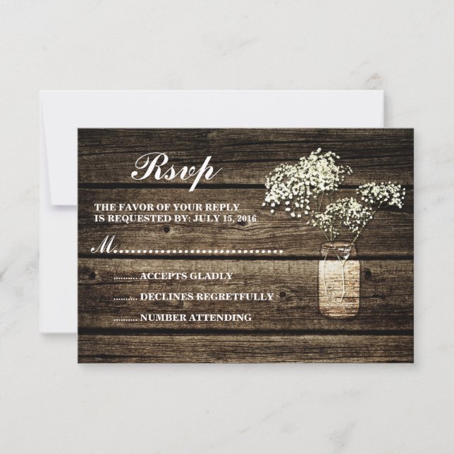 Gipskraut Mason Jar | Barn Wood Wedding RSVP Karte (Vorderseite)