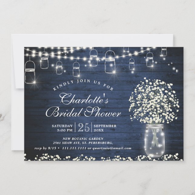 Gipskraut Mason Jar Blue Rustikales Brautparty Einladung (Vorderseite)
