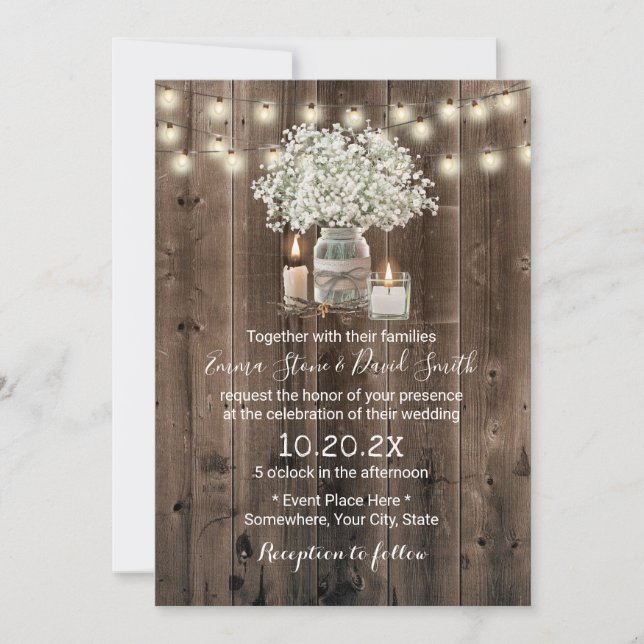 Gipskraut Mason Jar & Candles Rustikale Hochzeit Einladung (Vorderseite)