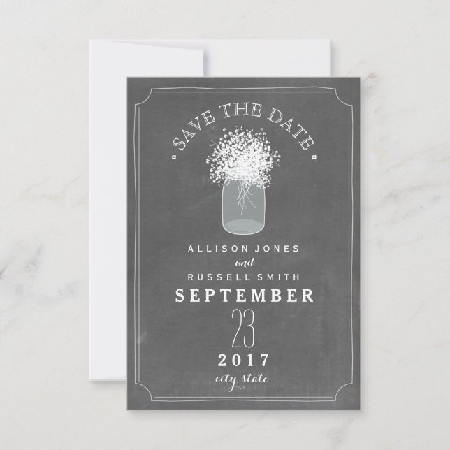 Gipskraut & Mason Jar Chalkboard Save the Date (Vorderseite)
