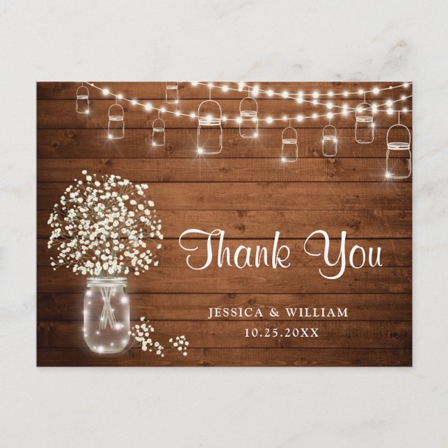Gipskraut Mason Jar Lights Rustic Vielen Dank Postkarte (Vorderseite)