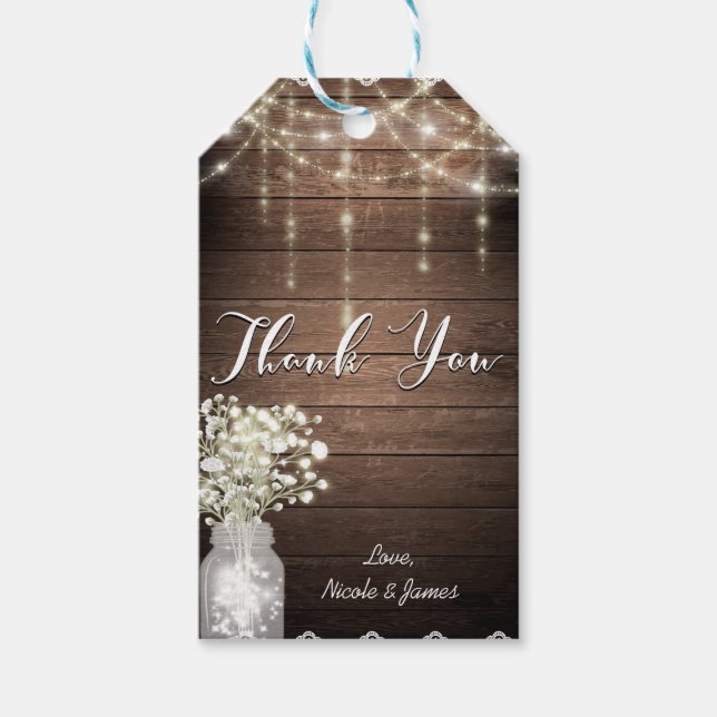 Gipskraut Mason Jar Lights & Wood Wedding Geschenkanhänger (Vorderseite)