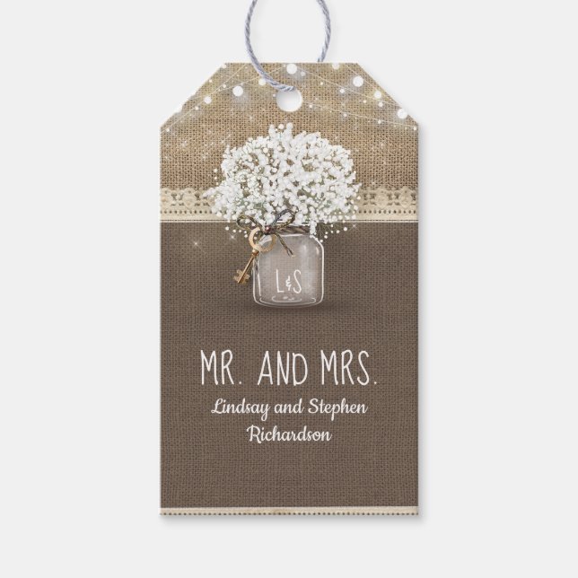 Gipskraut Mason Jar Rustic Burlap Lace Geschenkanhänger (Vorderseite)