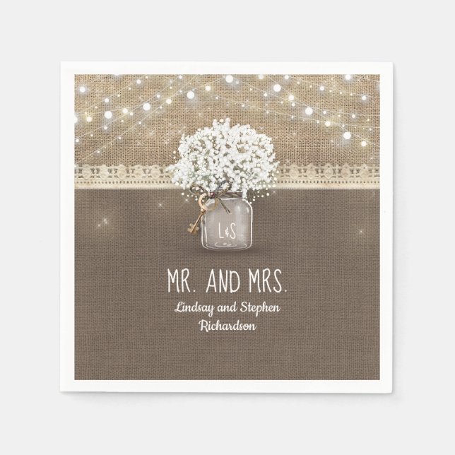 Gipskraut Mason Jar Rustic Burlap Wedding Serviette (Vorderseite)