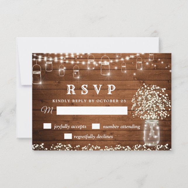 Gipskraut Mason Jar Rustic RSVP Card (Vorderseite)